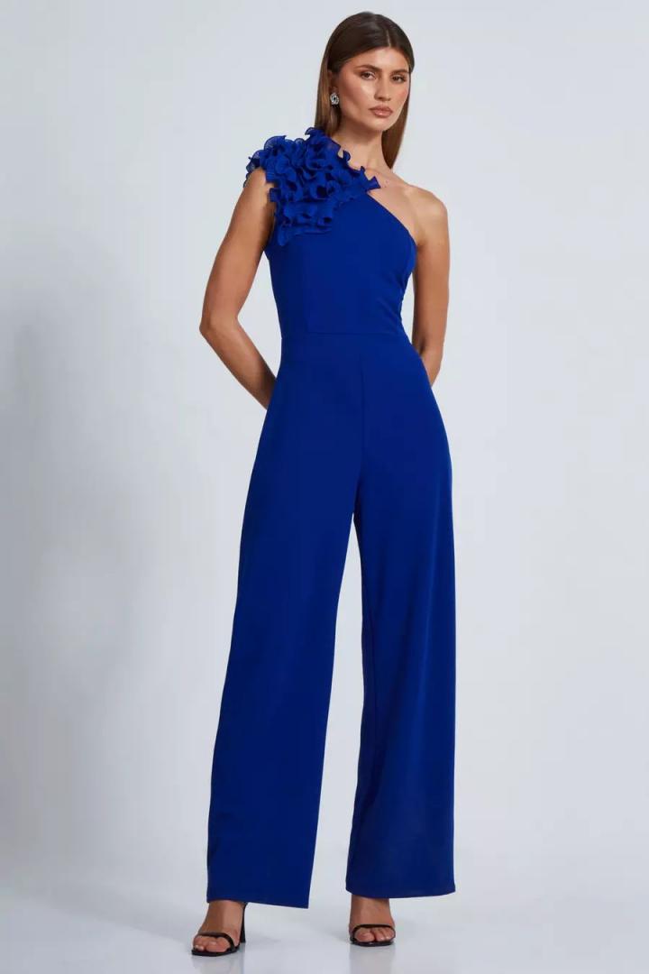 QUIZ Jumpsuits Going Out Womens Royal Blue Shoulder Palazzo Jumpsuit Worldinvestorgroup